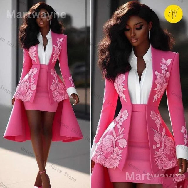 Pink Classic Two Piece Tailored Blazer Suit Set For Women