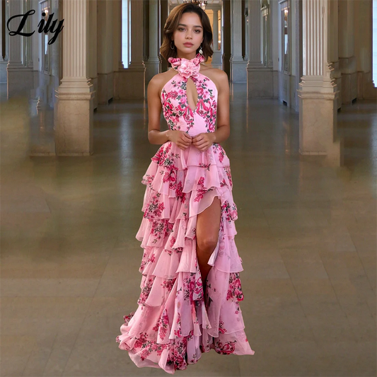 Lily Pink فساتين السهرة Floral Patterned Halter Evening Dresses with Printing Ruffles Side Slit Prom Gown Customized