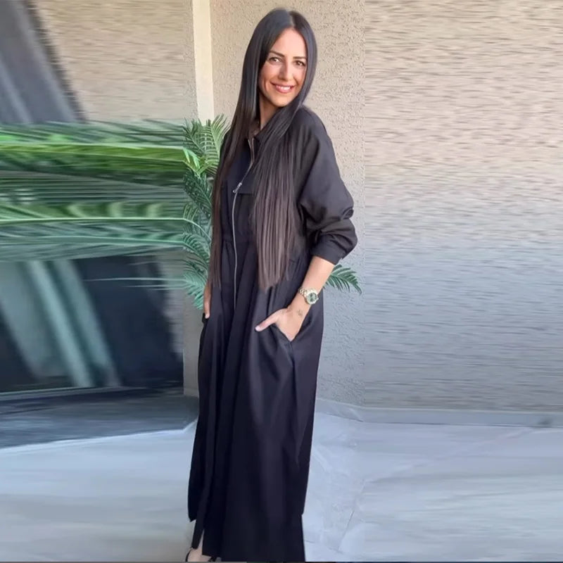 Women's Fashion Zipper Waist Long Dress Casual Solid Laple Full Sleeve A-line Long Robe Lady 2025 Autumn Chic Loose Streetwear