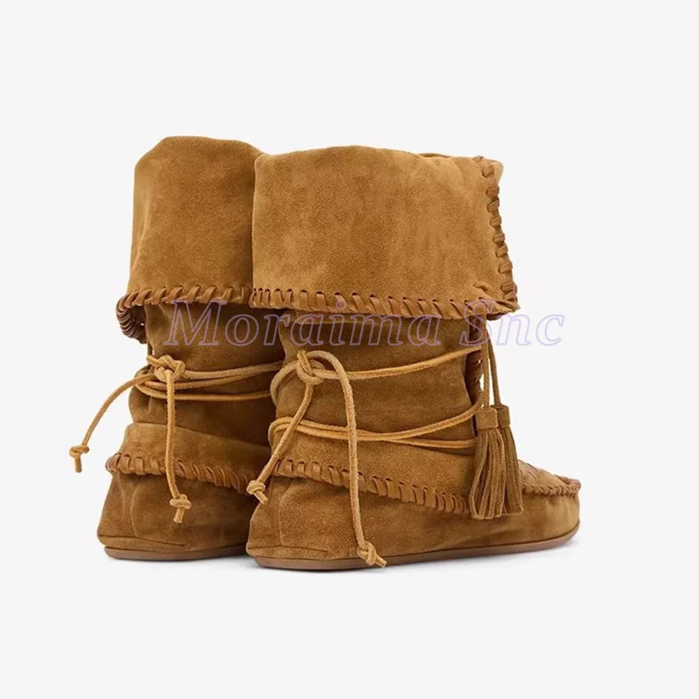 Fringe Cross Strap Suede Lace Up Ankle Boots For Women