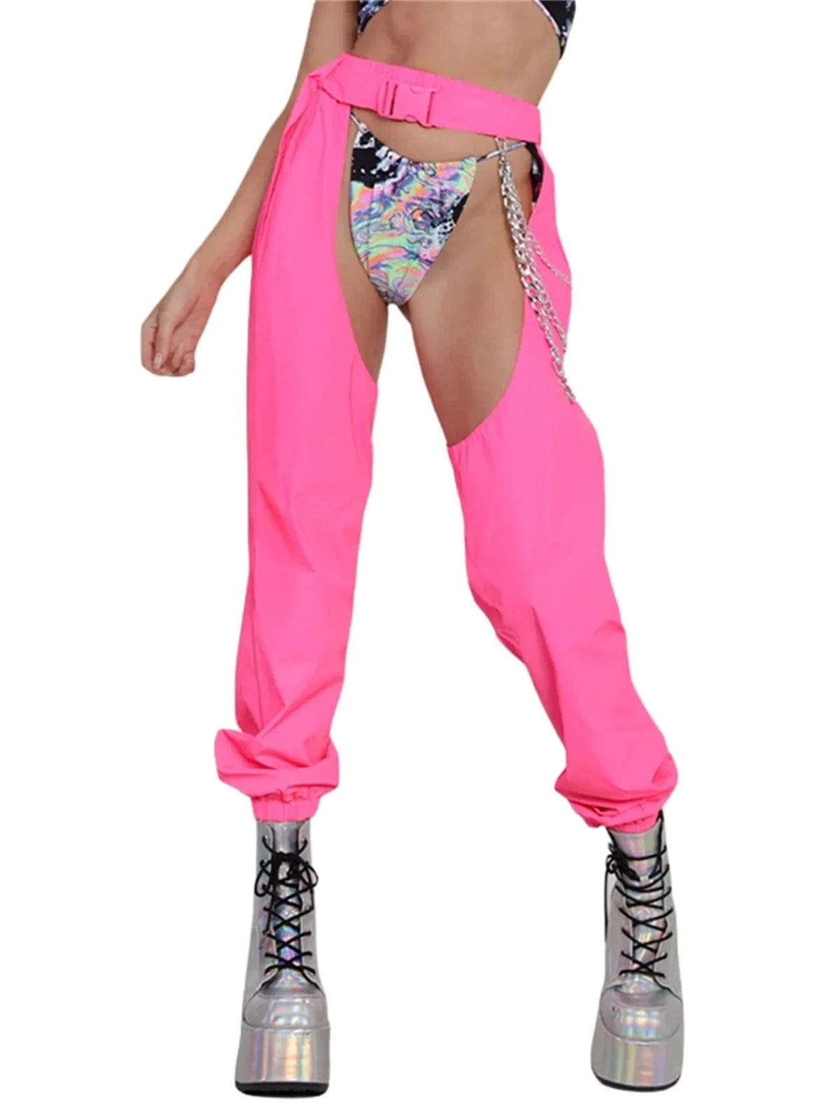 hirigin Women Buckles Bottomless Pants High Waist Cargo Trousers Crothchless Color Block Boggy Trousers Long Rave Legging