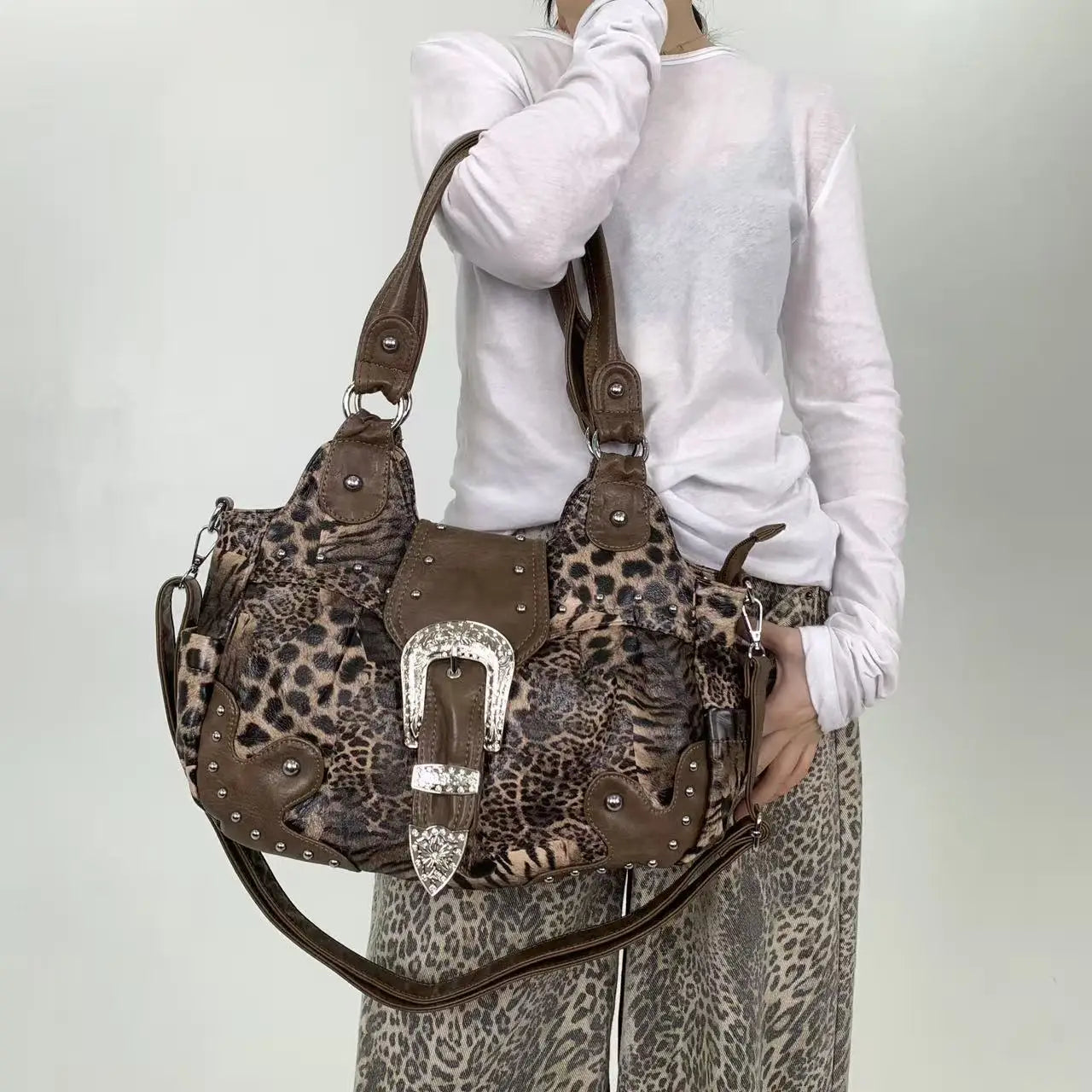 Leopard Print Patchwork Tote Bag with Pockets for Women