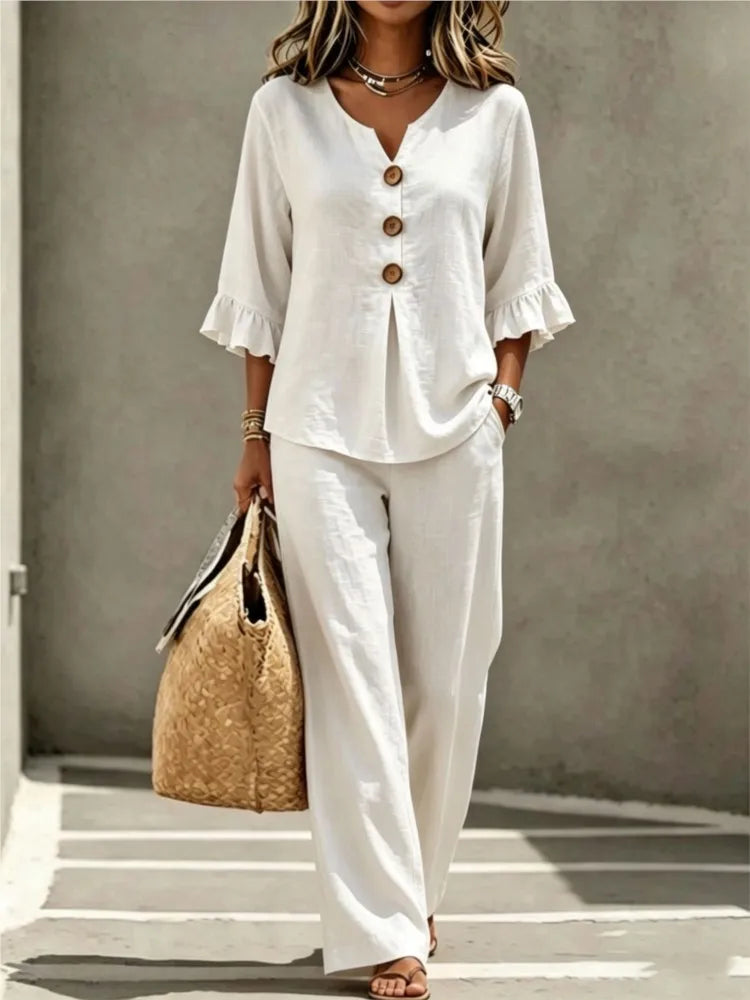 V-Neck Ruffled Two-Piece Top and Wide-Leg Pants Set for Women