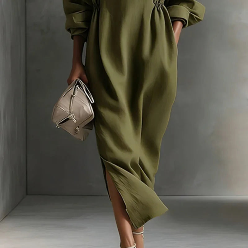 Elegant V Neck Long Sleeve Split Maxi Dress for Women