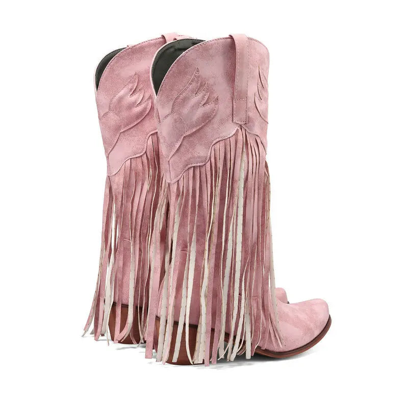 Retro Western Style Mid Calf Boots With Block Heel Tassels For Women