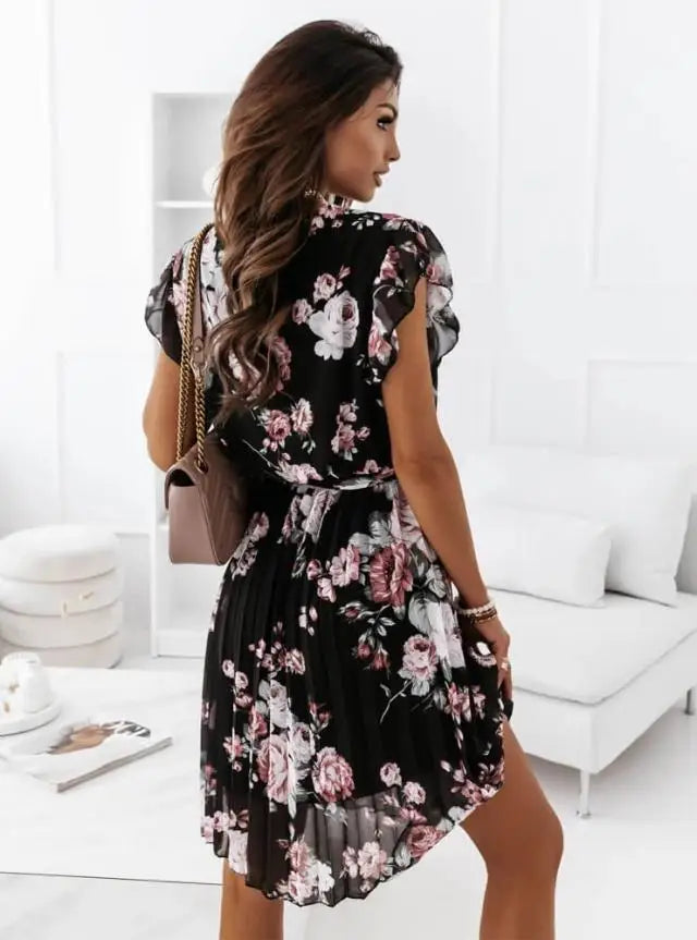 Floral Print Pleated Short Sleeve Ruffle Mini Dress for Women