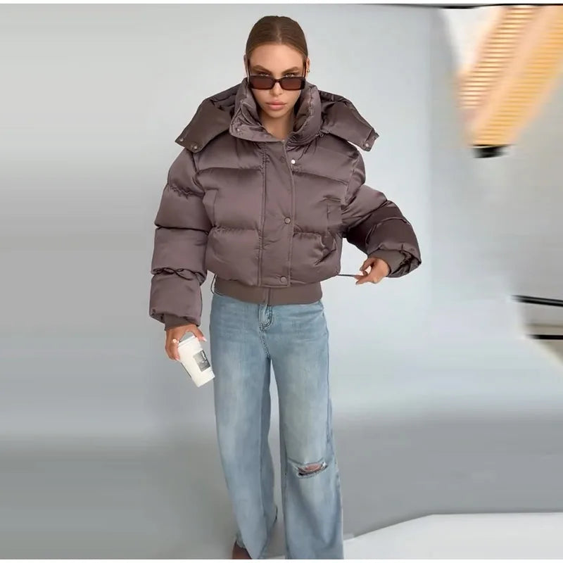 Detachable Hood Cropped Padded Winter Jacket for Women