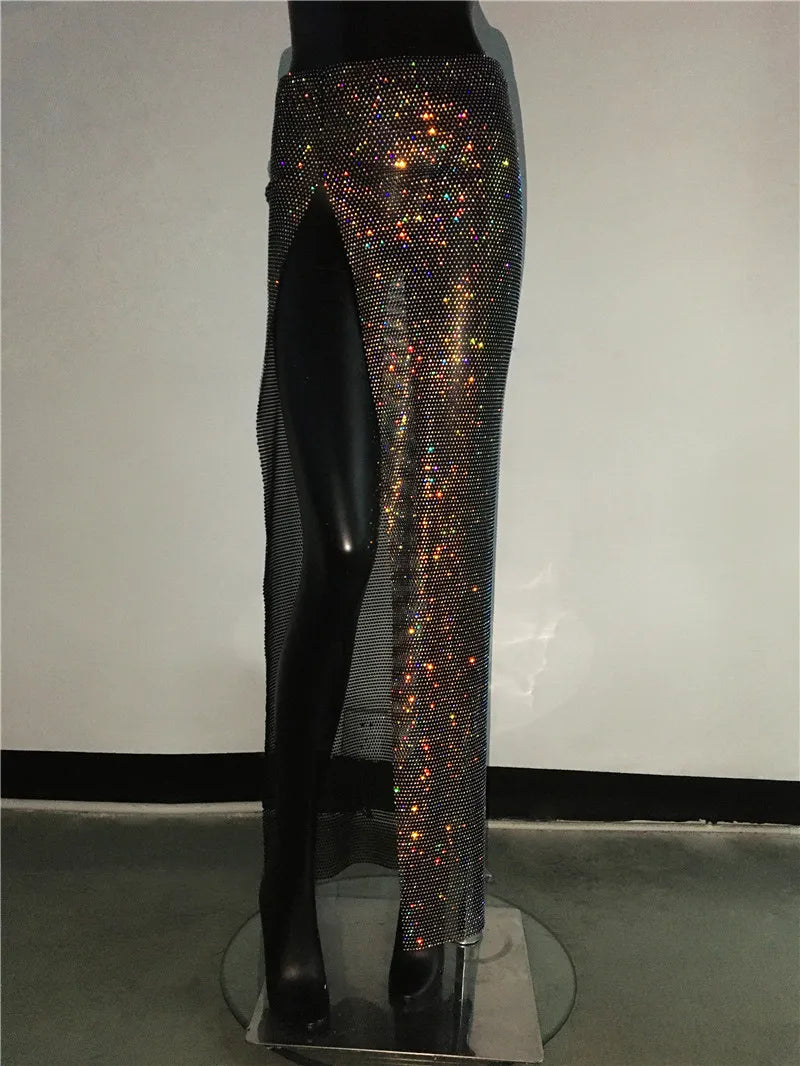 Glitter Rhinestone Long Fishnet Split Skirt for Women