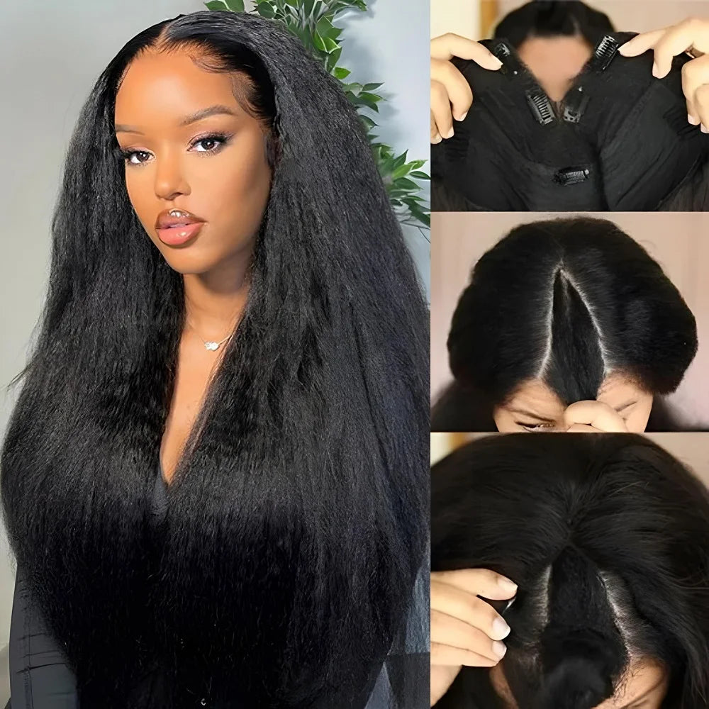 Seamless Kinky Straight V Part Glueless Human Hair Wig For Women