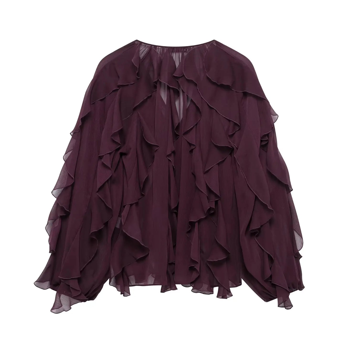 TRAFZA 2025 Women Elegant Solid Ruffles Blouse Spring Female V-Neck Long Sleeved Gauze Shirt Casual Hollow Out Lady Clothes