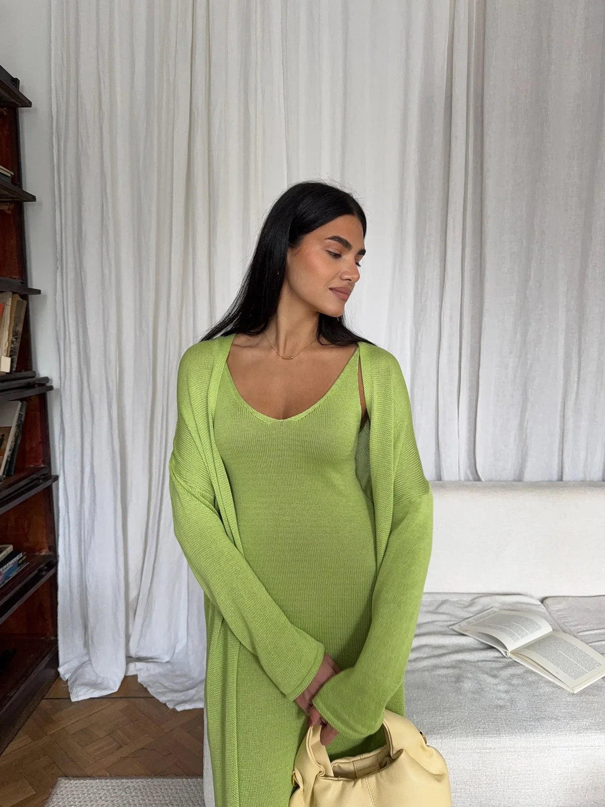 V-Neck Ribbed Knit Maxi Dress Set