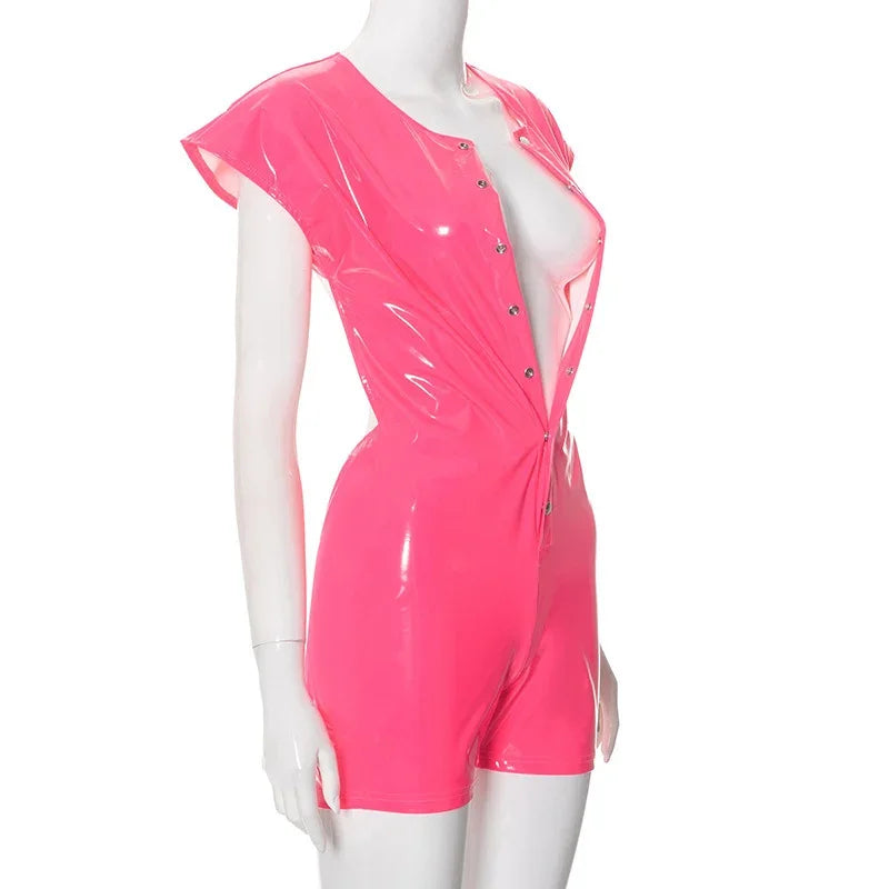 Sexy Polyurethane Leather Jumpsuit With Front Zip for Women