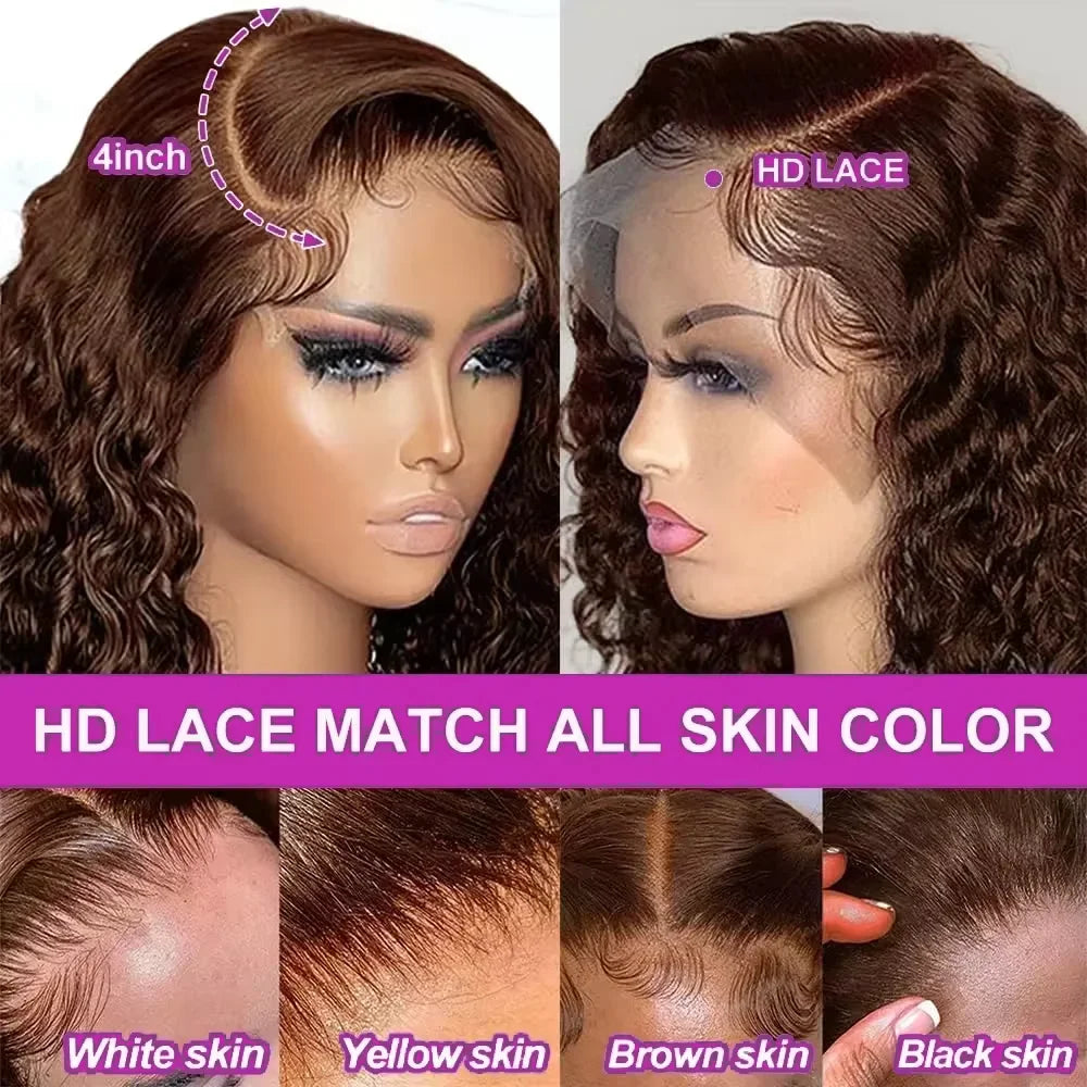 Brown kinky Curly Short Bob Wig 13x4 4x4 Bob Wigs Brazilian Water Deep Wave Human Hair Wig Preplucked For Woman Short Pixie
