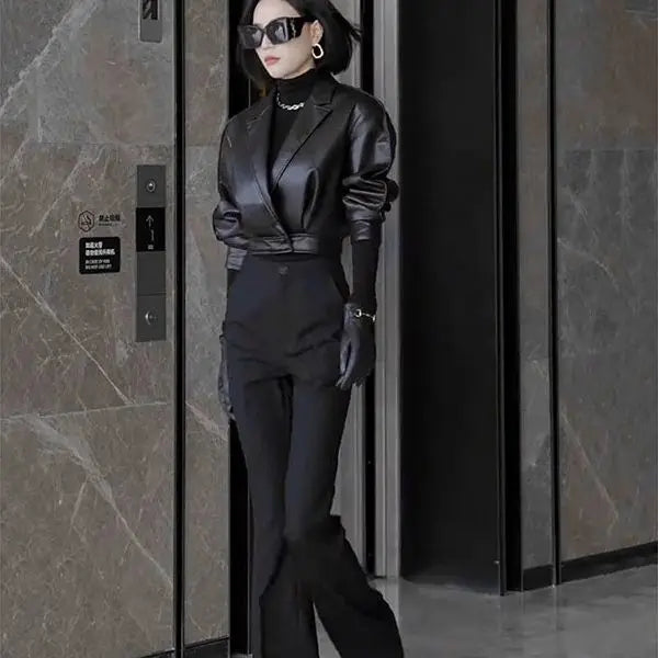 Trendy Faux Leather Blazer And Flared Pants Set For Women