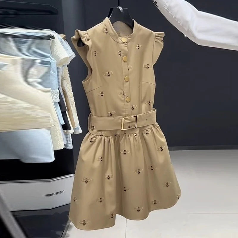 Stand Collar Slim Fit Midi Dress With Sash for Women