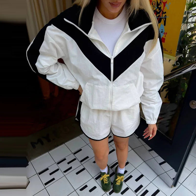 Color Block Zip Up Tracksuit With High Waist Shorts For Women