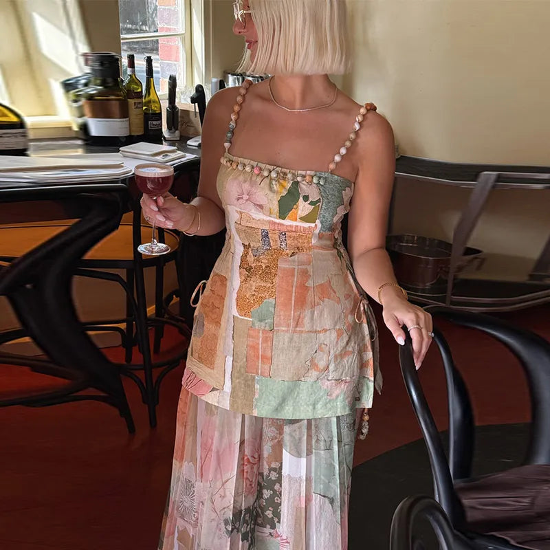 Long Printed Patchwork A-line Beaded Sleeveless Backless Dress for Women