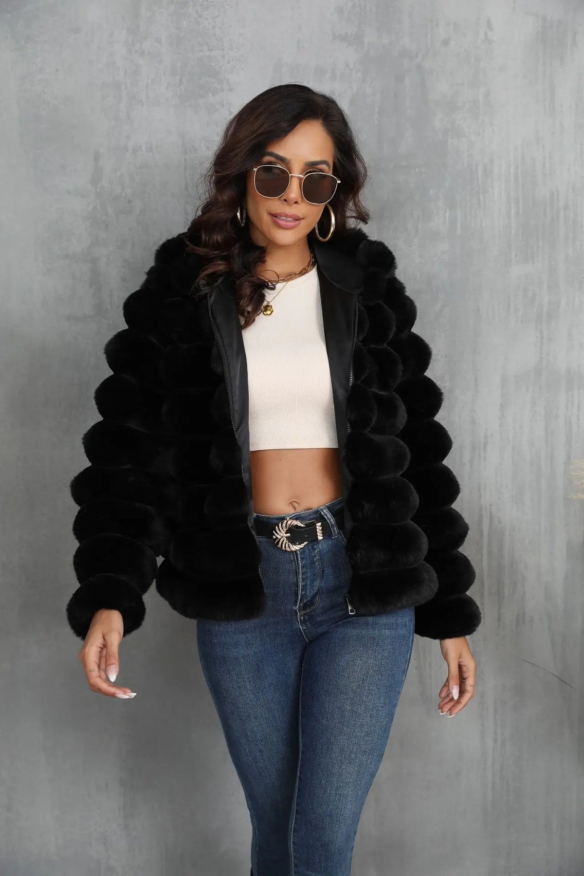 Warm Hooded Short Faux Fur Coat With Turn Down Collar for Women
