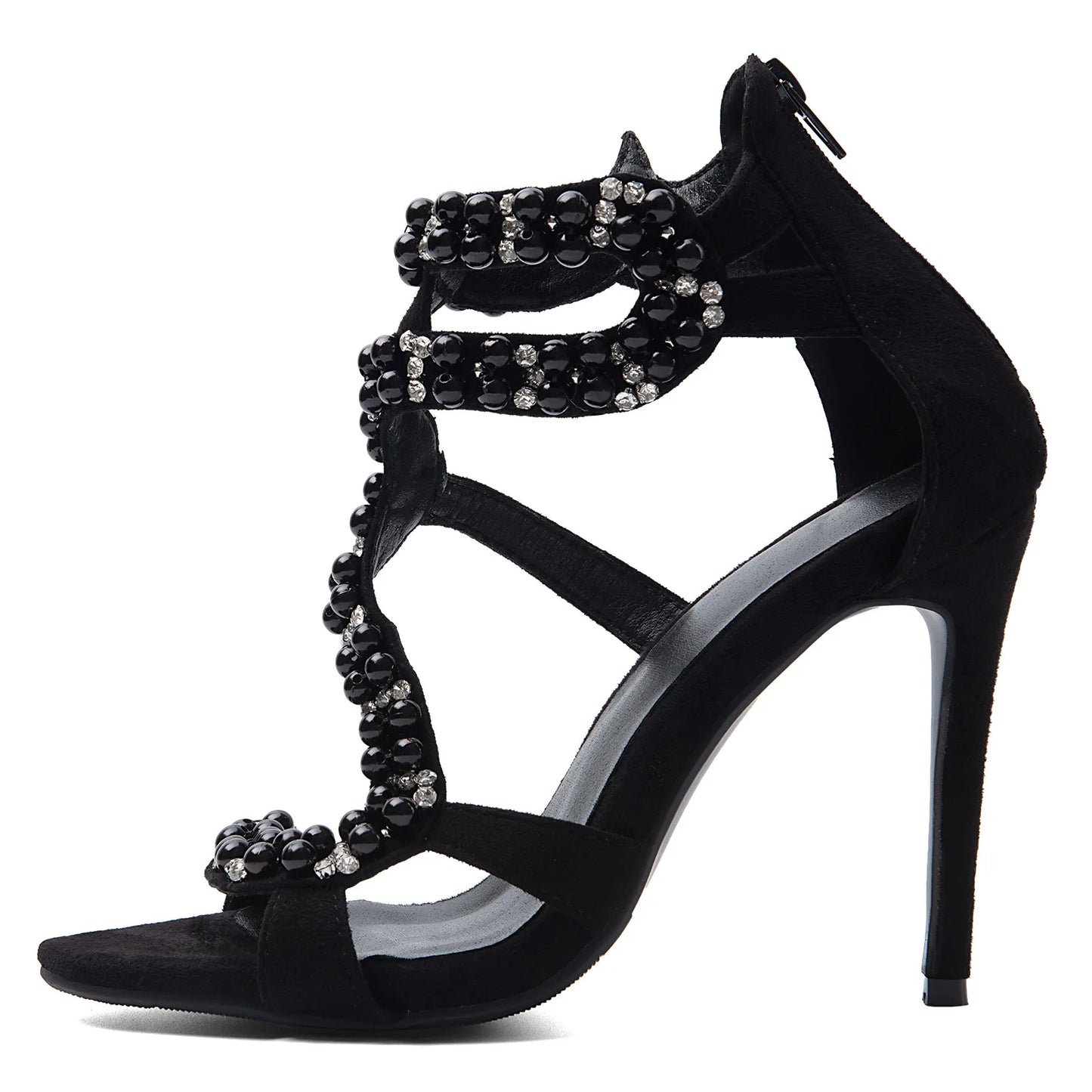 Black Rhinestone Pearl Ankle Sandals