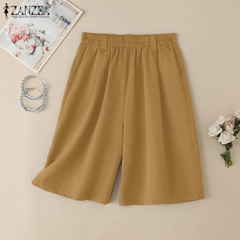 ZANZEA Woman Casual Mid-Length Shorts Elastic High Waist Loose Solid Wide Leg Pants 2025 Summer Holiday Comfort Weekend Shorts