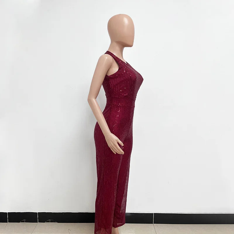 Elegant Silver Sequined Straight Cut Jumpsuit for Women