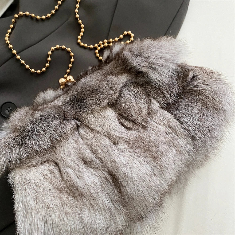 Luxurious Fox Fur Evening Clutch with Chain for Women