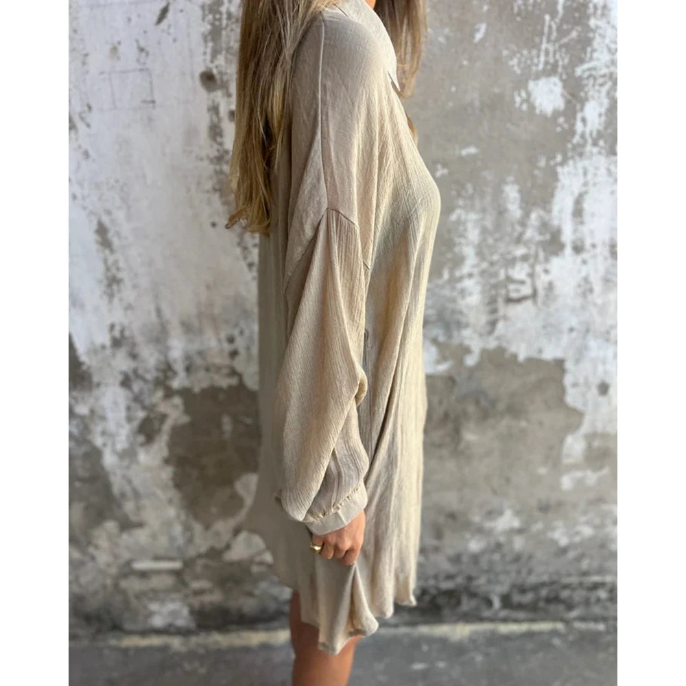 Ruched Turn-down Collar Long Sleeve Buttoned Top and Shorts Set Two Pieces Summer Outfits