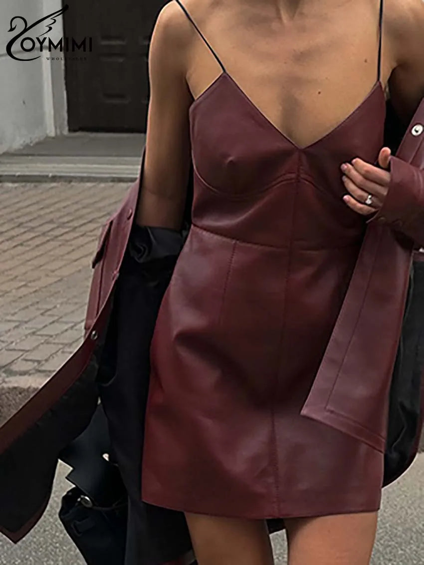 Oymimi Fashion Wine Red Pu Leather Women's Two Pieces Set Elegant Long Sleeve Button Shirts And Spaghetti Strap Mini Dress Sets