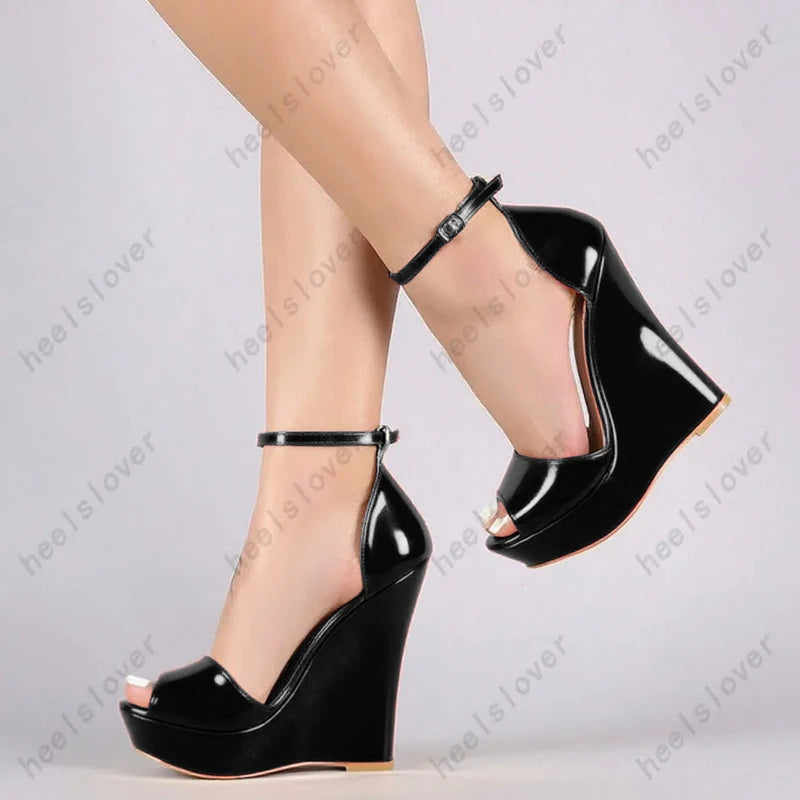 Glossy Peep Toe Platform Wedge Sandals With Buckle Strap For Women
