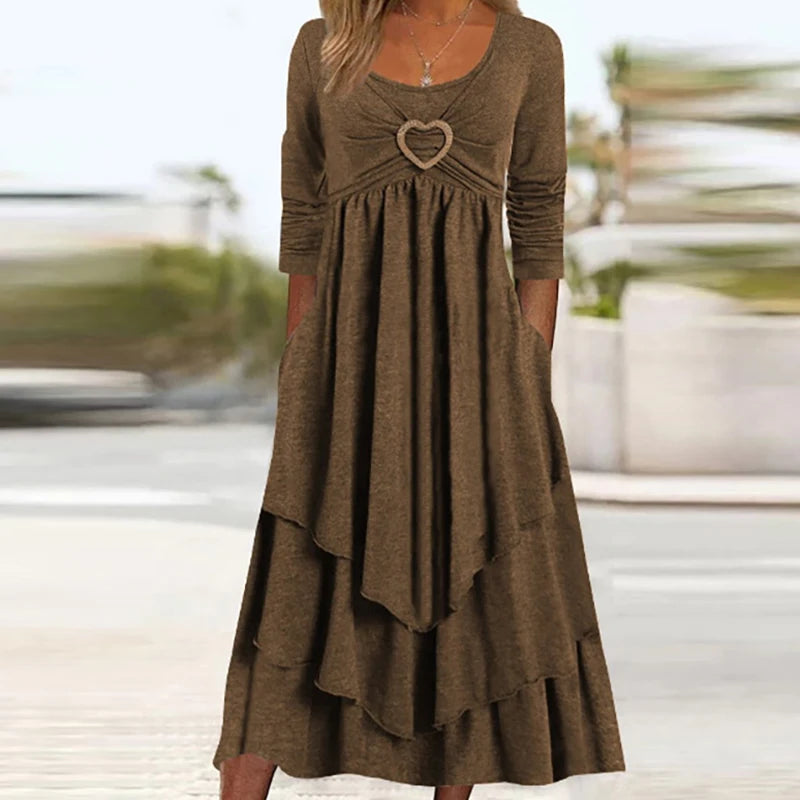 Long Sleeve Patchwork Midi Dress With Pockets for Women