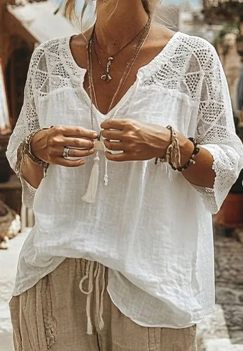 V-Neck Solid Three-Quarter Sleeve Loose Casual Tee for Women