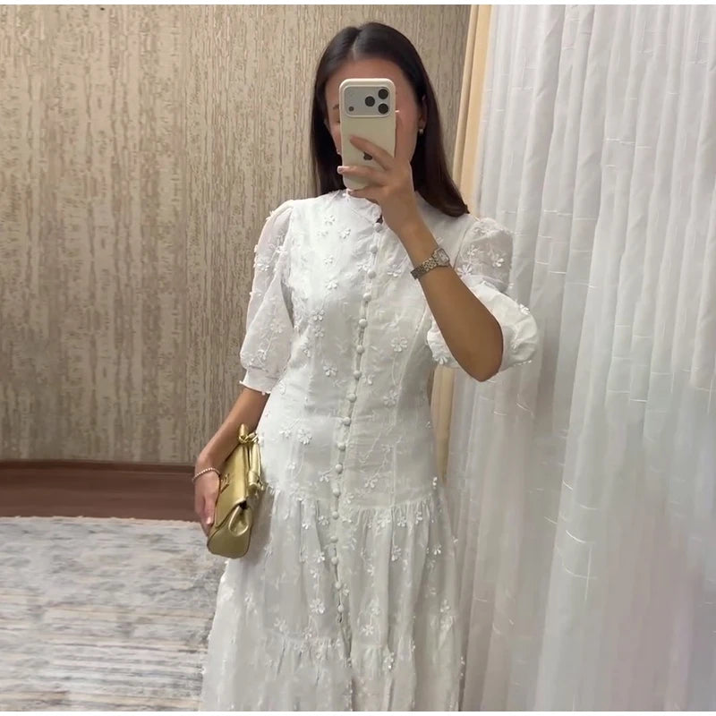 Floral Puff Sleeve Empire Waist Long Dress for Women