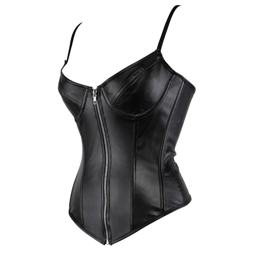 Zipper Front Black Faux Leather Overbust Corset for Women