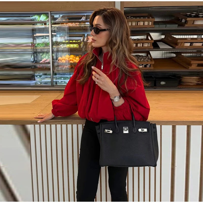 Zip Up High Neck Puff Sleeve Cropped Jacket For Women