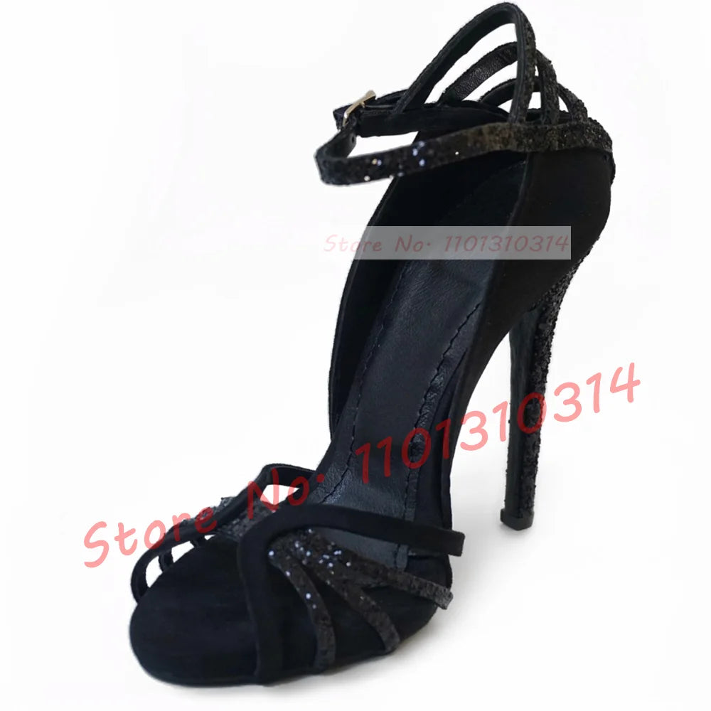 Fuchsia Suede Glitter Cross Strap Sandals for Women