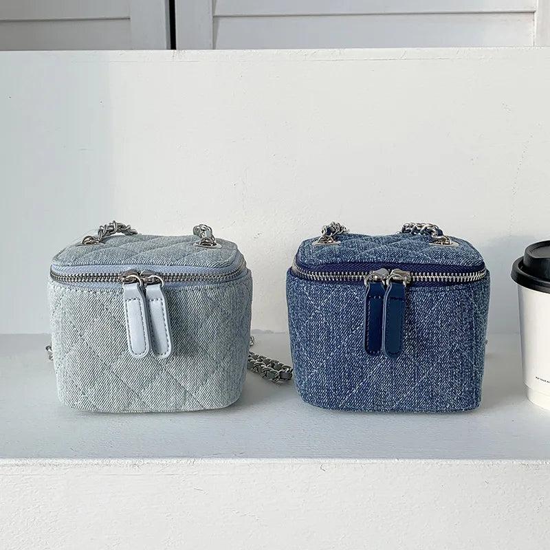 Mini Denim Crossbody Bag with Chain Strap for Women