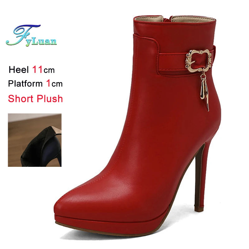 Red High Heel Pointed Toe Ankle Boots