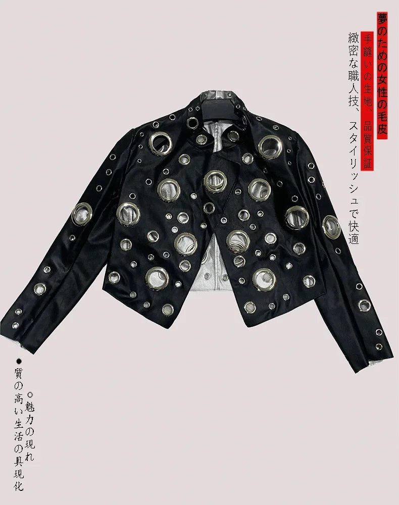 Sequin Hollow Out Patchwork Faux Leather Jacket For Women