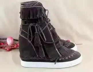 Girls Beige Black Gray Pink Suede Genuine Leather Round Toe Tassel Fringed 8 CM Height Increasing Wedges Sneakers Ankle Boots