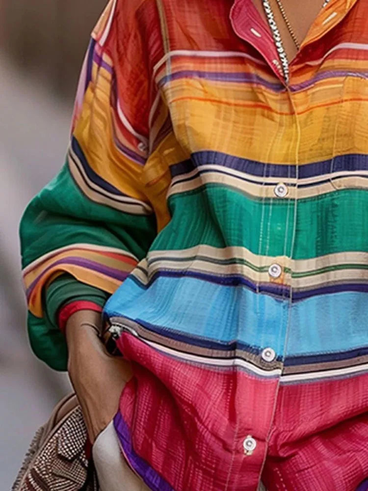 Bonboho Women Colorful Rainbow Stripe Button Down Shirt Lapel Collar Drop Shoulder Loose Long Sleeve Blouse With Chest Pocket