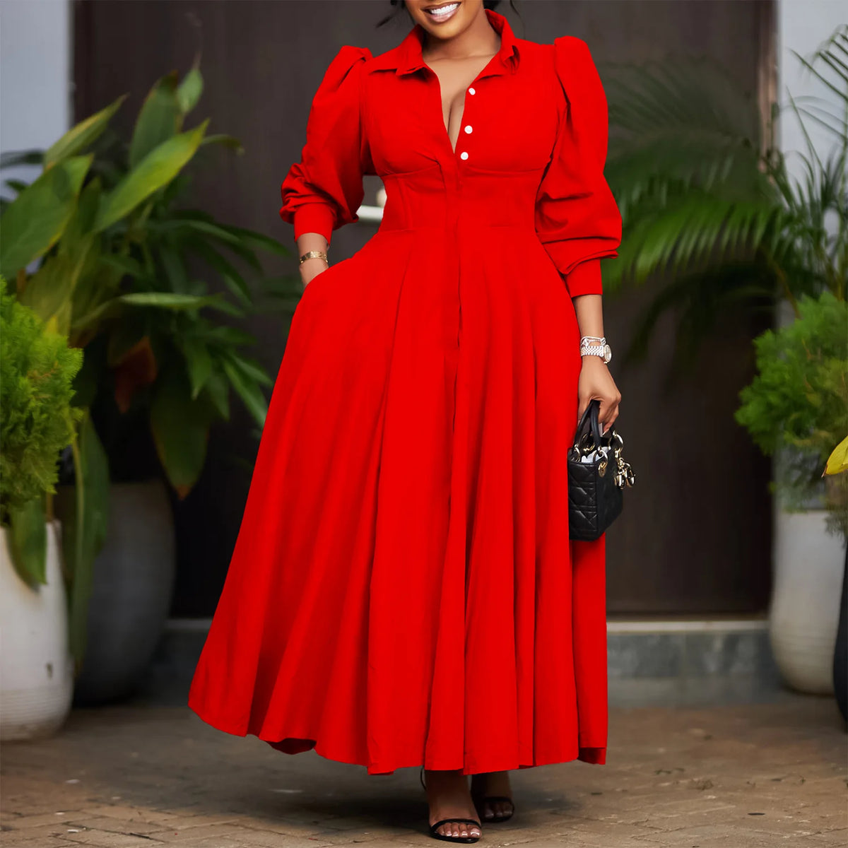 Plus Size V-Neck Long Sleeve Ankle-Length Dress for Women