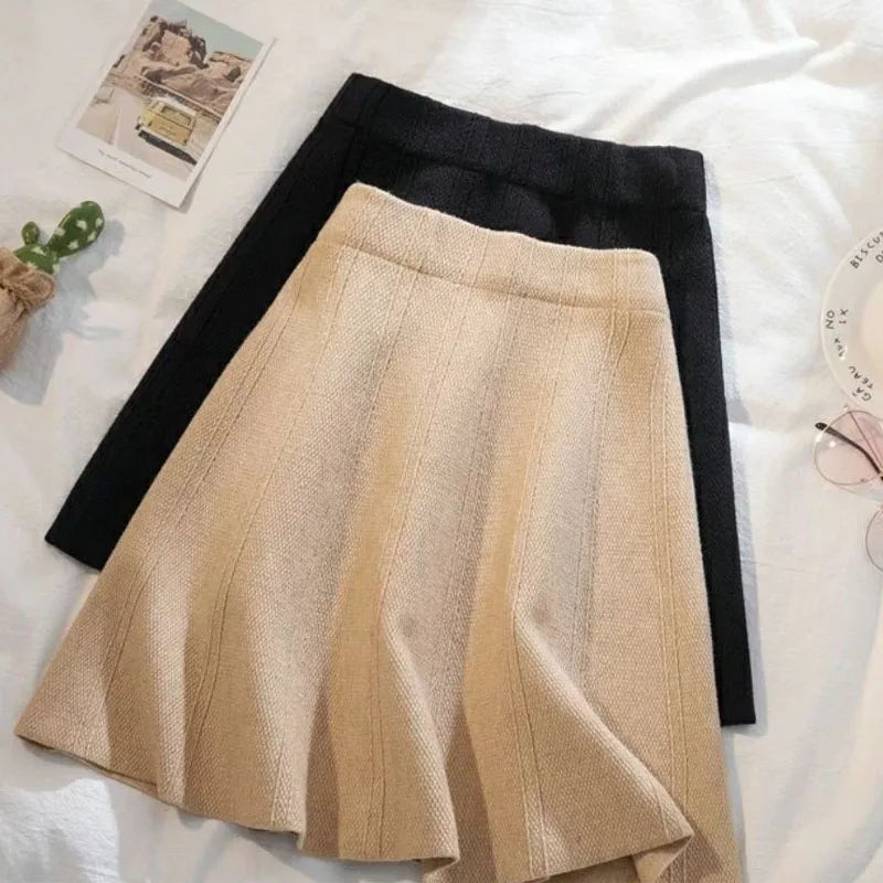 Solid Color High Waist Elastic Knitted Mini Skirt For Women