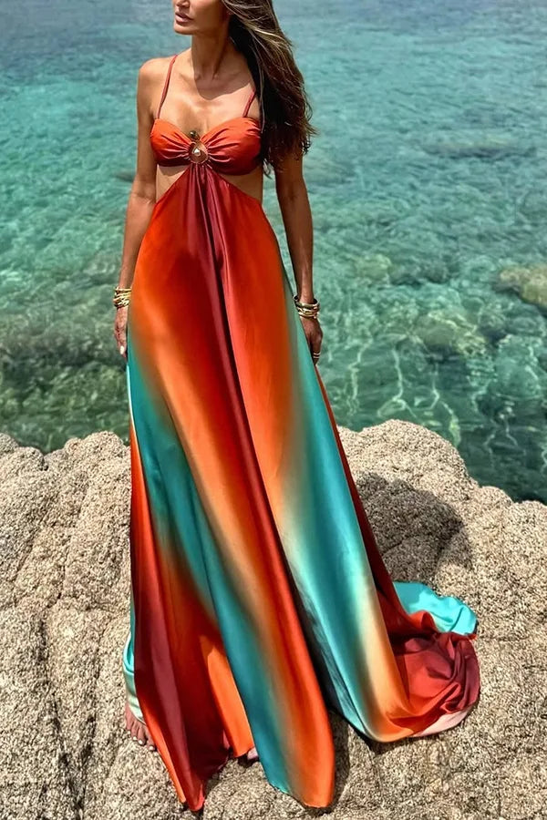 Sexy Gradient Sling Beach Long Dress Women Vintage Sleeveless Lace Up Hollow Out Tube Dresses Female Chic Street Party Holiday