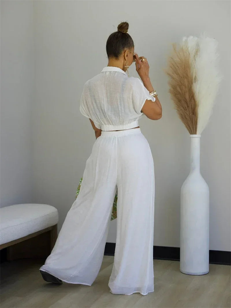 Relaxed Casual Crop Top And Wide Leg Pants Set for Women