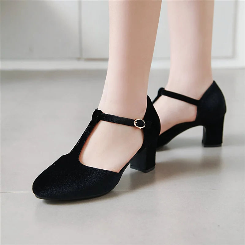 Velvet T Strap Square Heel Mary Janes