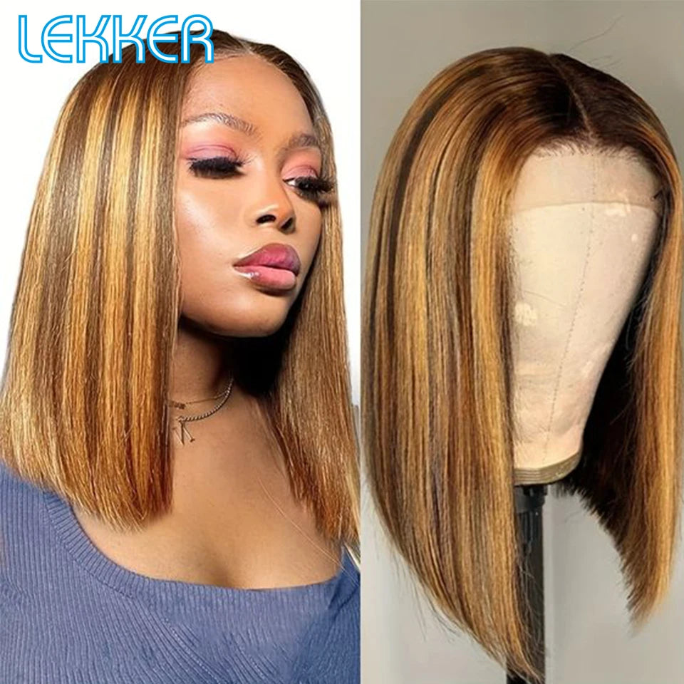 Short Straight Highlight Blonde Lace Front Bob Wig for Women