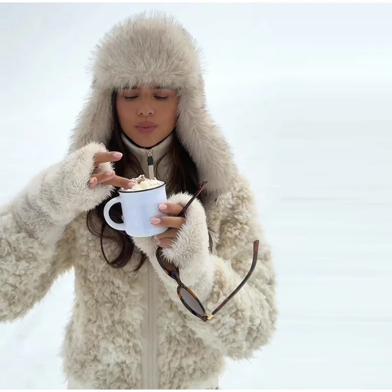 Plush Shearling Women 's Coats Stand Collar Full Sleeve Zipper Furry Jackets Female 2025 New Autumn Winter Woman Jacket Outwears