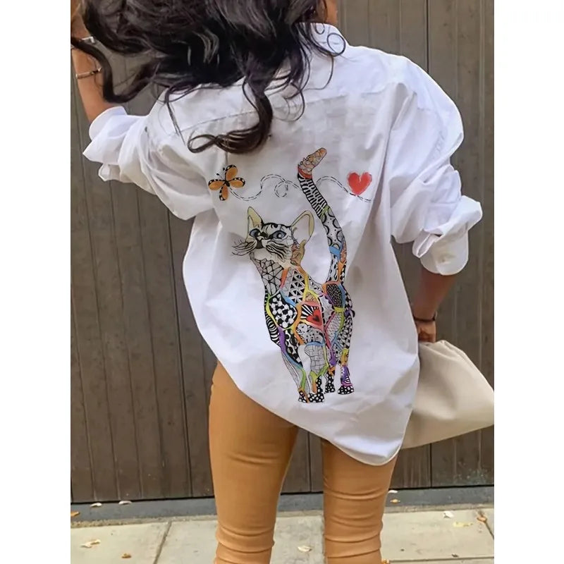 Plus Size Cat Print Single Breasted Blouse for Women