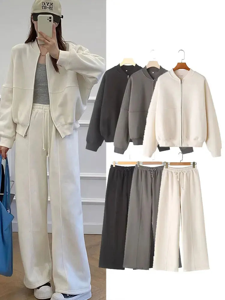 Fall Retro Zip Bomber Jacket Two Piece Set for Women