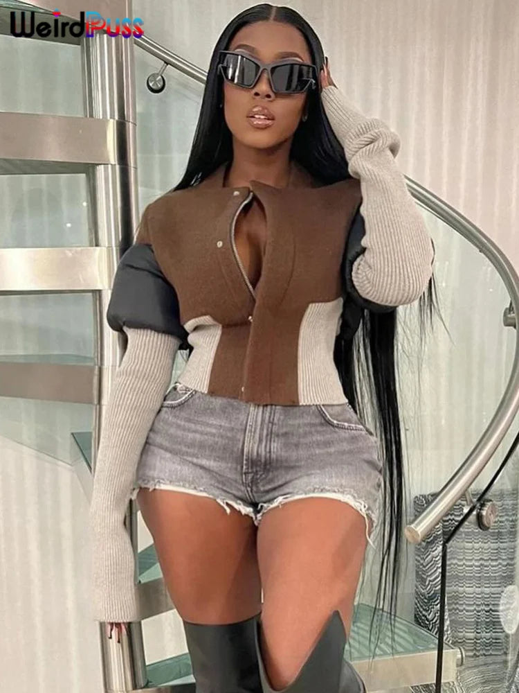 Casual Patchwork Zip Up Long Sleeve Jacket for Women